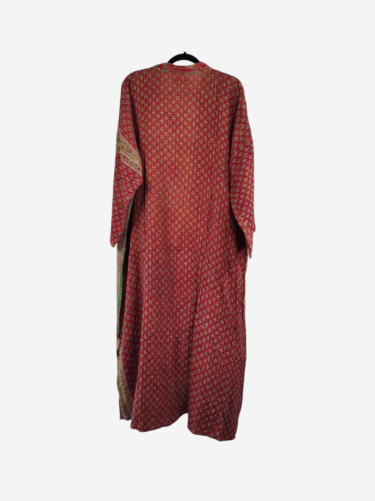 She Lives Beauty Starlit Wanderer long red kantha kimono made from vintage hand-stitched cotton sari fabric