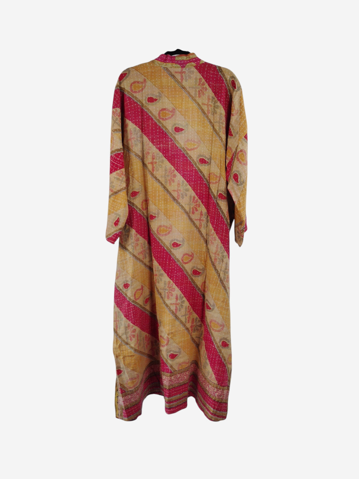 She Lives Beauty Starlit Wanderer long kimono in yellow and pink vintage kantha cotton with hand-stitched patterns.
