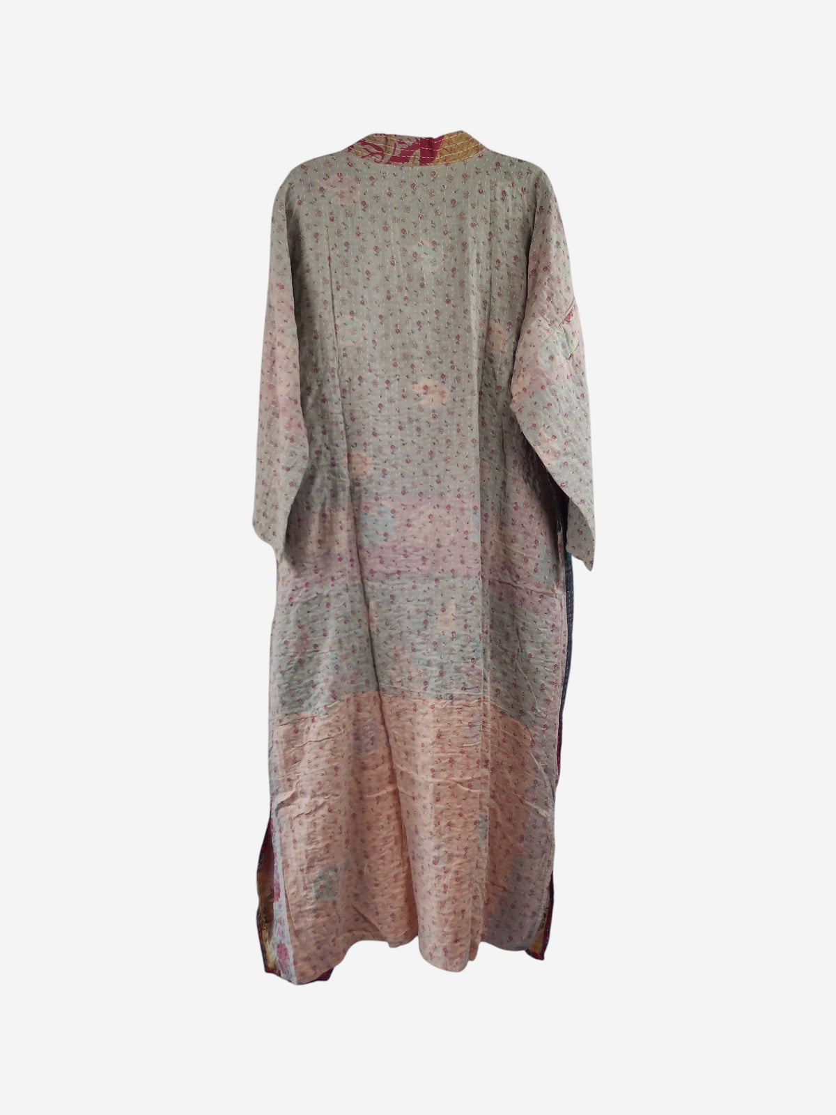 She Lives Beauty Starlit Wanderer long kimono made from vintage kantha stitched cotton in soft pastel floral patterns