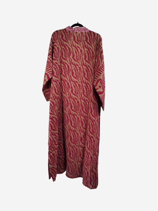 She Lives Beauty Starlit Wanderer long kimono in red and beige vintage kantha stitched cotton with a flowing design