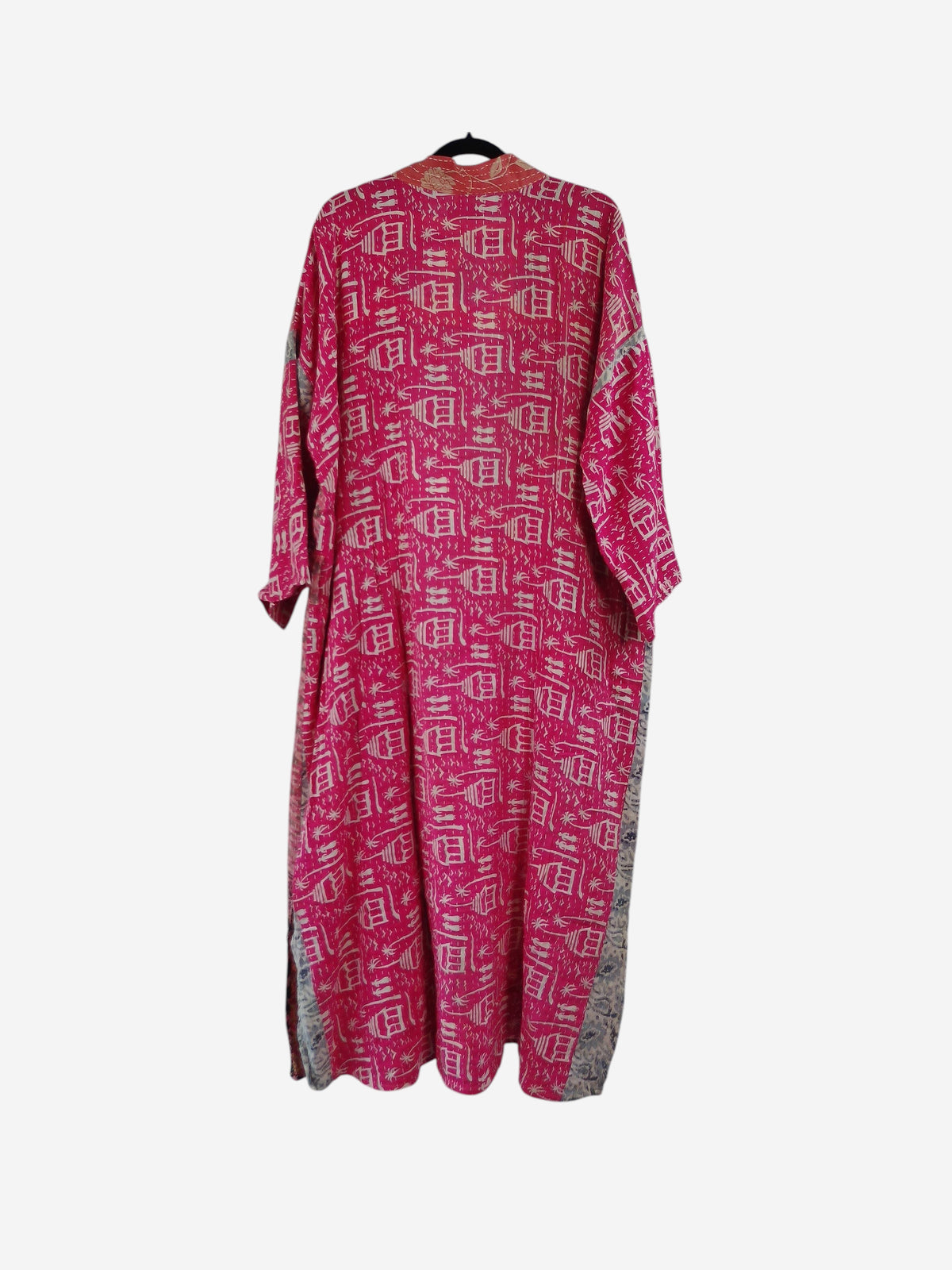 She Lives Beauty Starlit Wanderer long pink kantha kimono made from vintage hand-stitched cotton sari fabric
