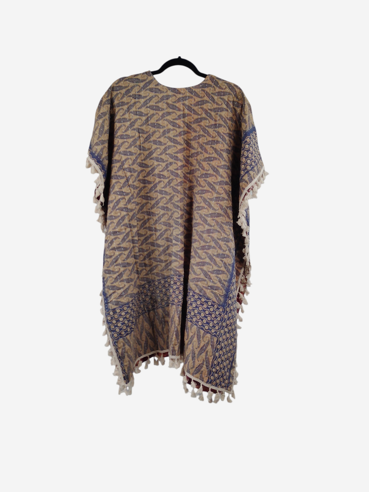 She Lives Beauty reversible short sleeve kimono in vintage cotton with blue and tan leaf print and artisan fringe hem