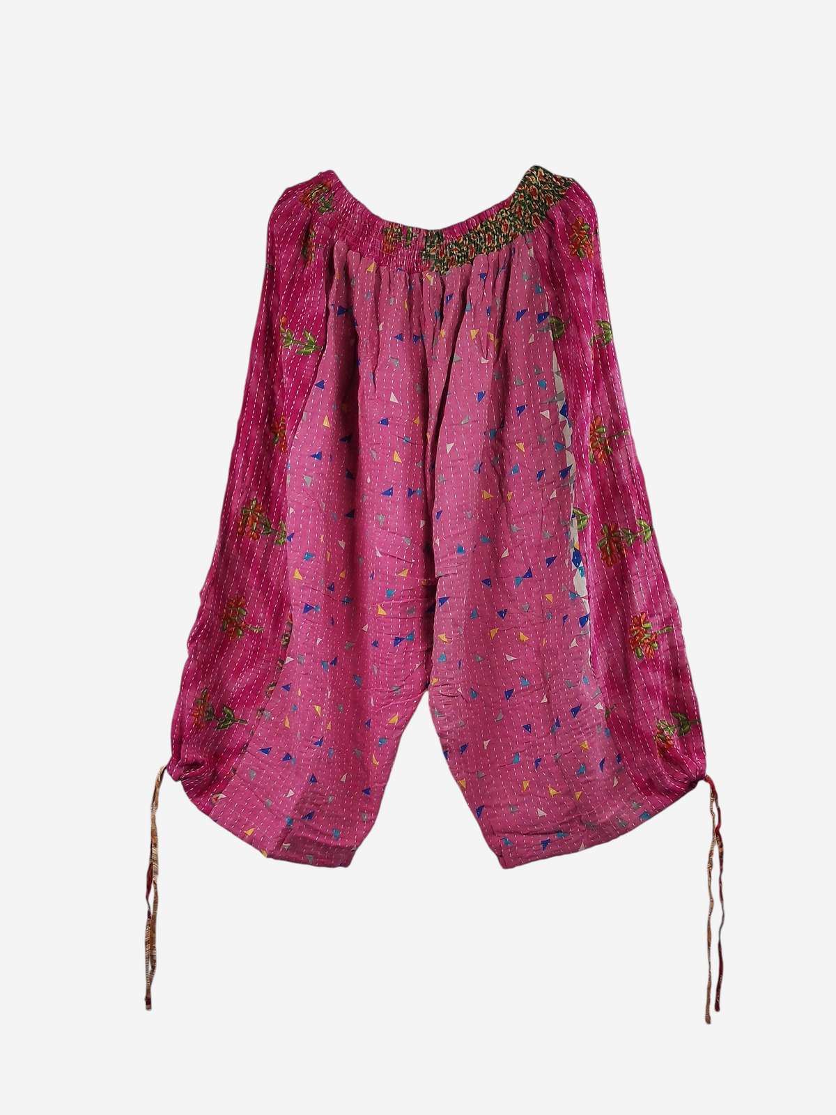 She Lives Beauty pink vintage kantha cotton capri cargo joggers with colorful geometric patterns and drawstring hems