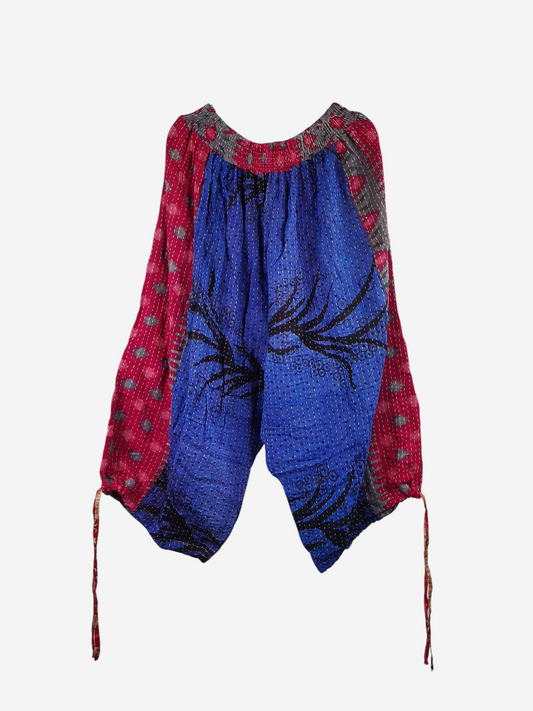She Lives Beauty capri cargo joggers made from vintage kantha cotton with blue and pink patterned panels.