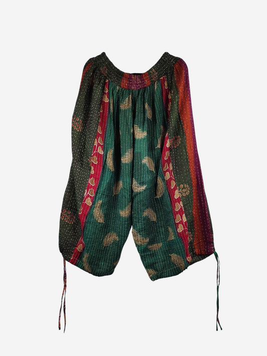 She Lives Beauty capri cargo joggers in multicolored vintage kantha cotton with unique hand-stitched patterns.