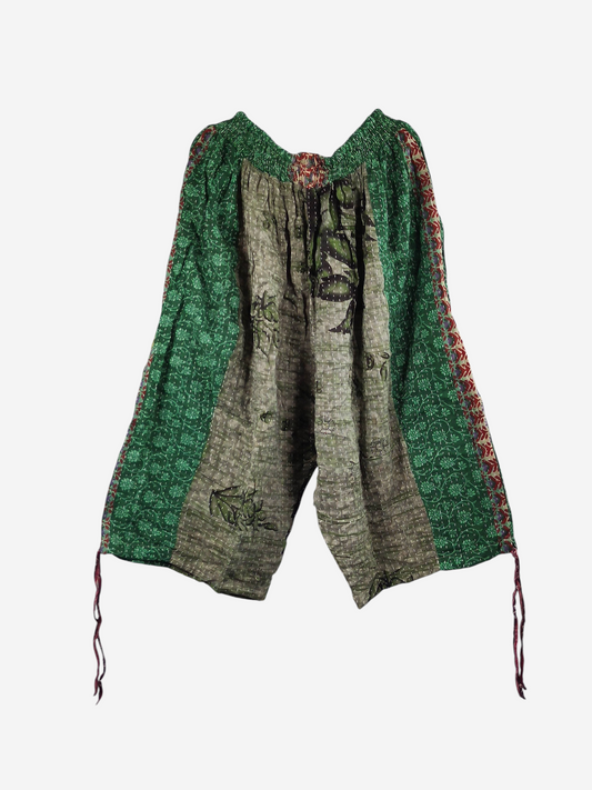 She Lives Beauty vintage cotton kantha capri joggers in green and beige with unique hand-stitched patterns