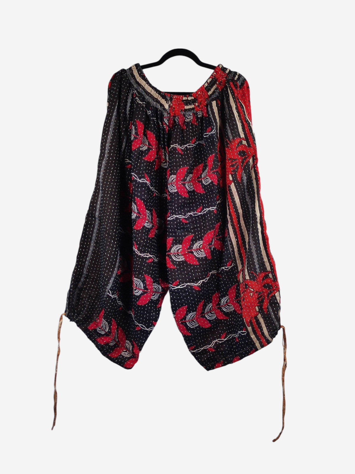She Lives Beauty vintage cotton kantha capri joggers in black and red with unique hand-stitched patterns.