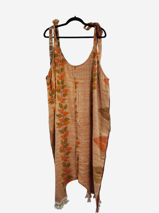 She Lives Beauty bohemian harem jumpsuit in vintage cotton with orange and green leaf patterns and kantha stitching