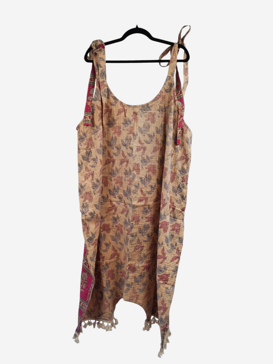 She Lives Beauty bohemian harem capri jumpsuit made from vintage kantha cotton with floral patterns and tie straps.