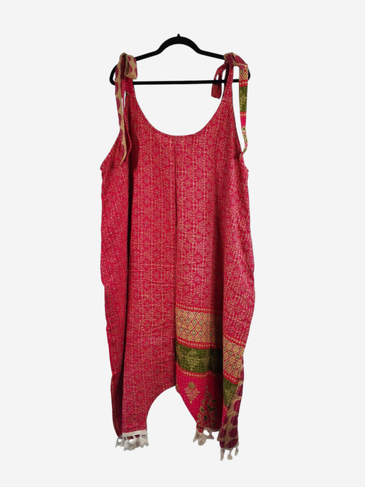 She Lives Beauty red vintage kantha cotton harem jumpsuit with capri length legs and tie shoulder straps