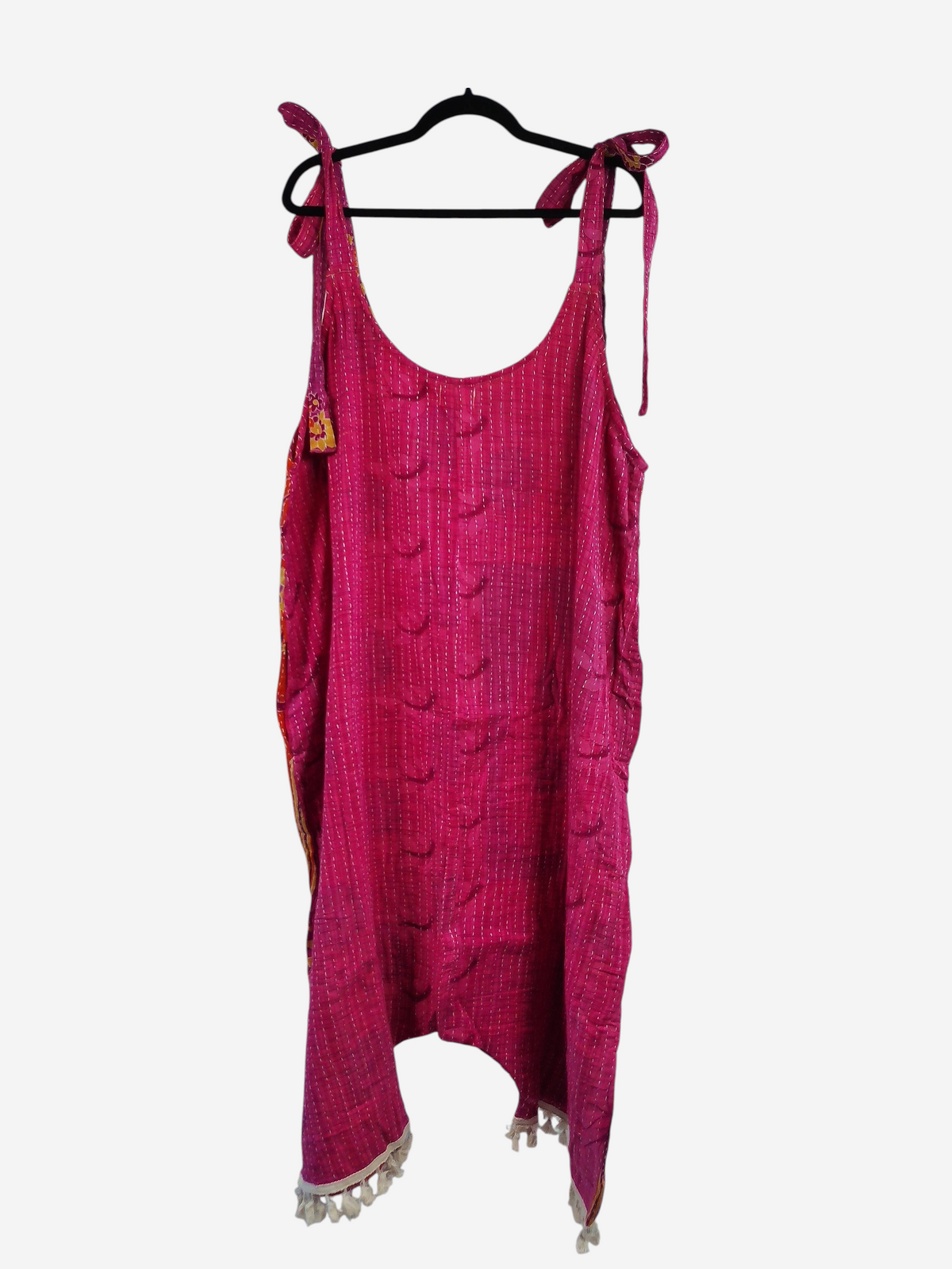 She Lives Beauty pink vintage cotton kantha jumpsuit with harem silhouette, capri length, and tie shoulder straps.