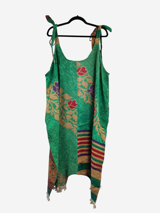 She Lives Beauty green vintage cotton kantha jumpsuit with floral patterns and a relaxed harem capri silhouette.