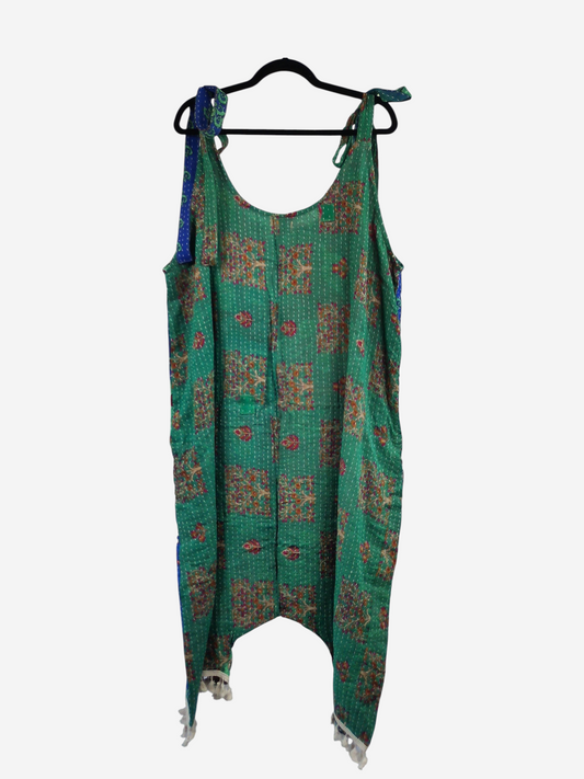She Lives Beauty bohemian harem capri jumpsuit in green vintage kantha cotton with intricate hand-stitched patterns.