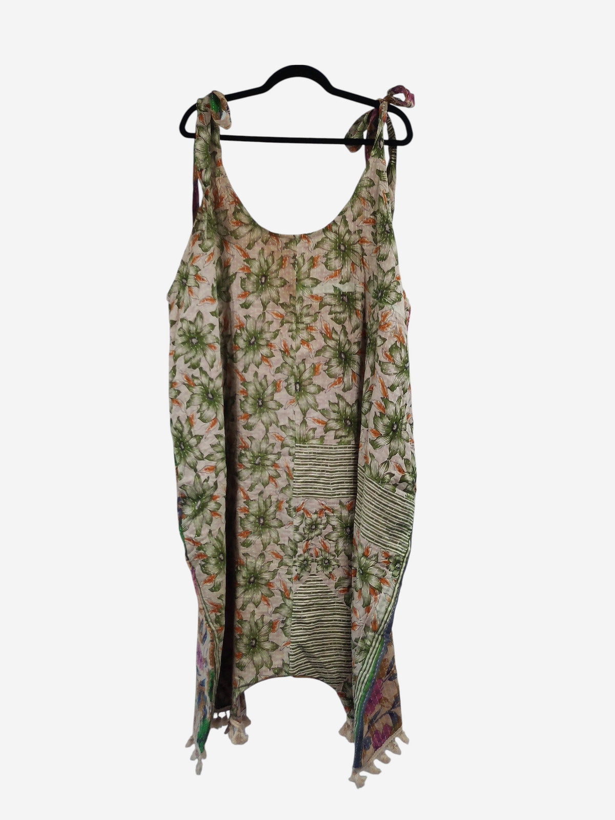 She Lives Beauty bohemian harem jumpsuit in vintage kantha cotton with green floral patterns and capri-length legs.