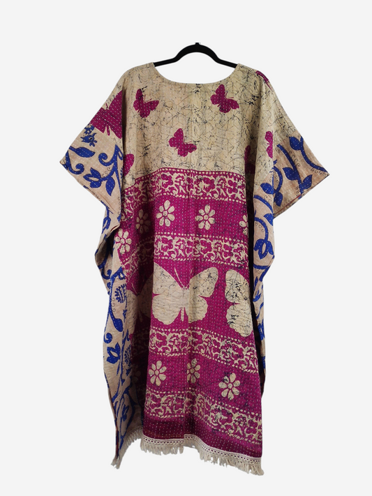 She Lives Beauty reversible kantha kaftan in vintage cotton with butterfly and floral print in magenta and cream