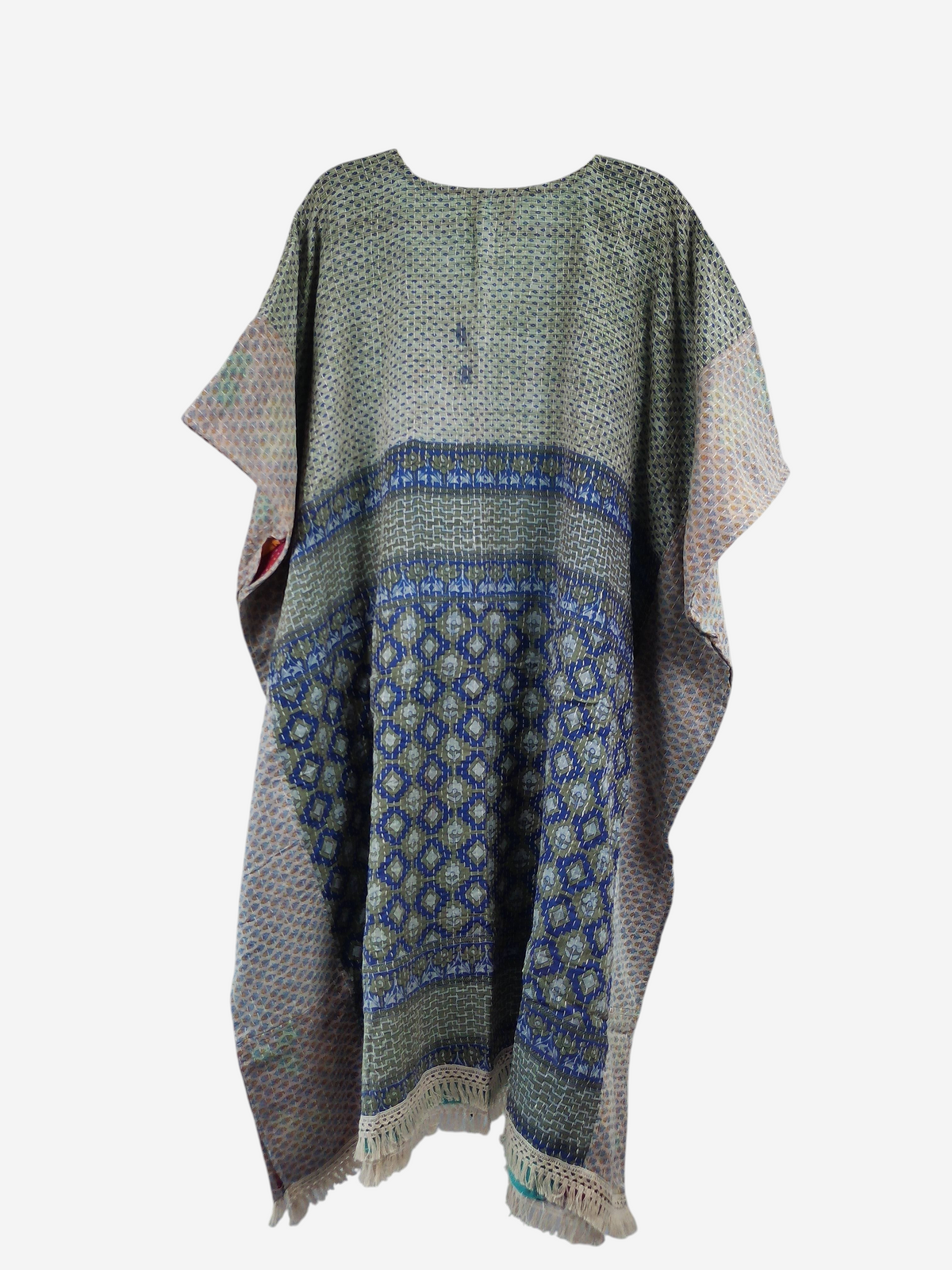 She Lives Beauty reversible kantha kaftan in vintage cotton with blue and green geometric patterns and fringe hem