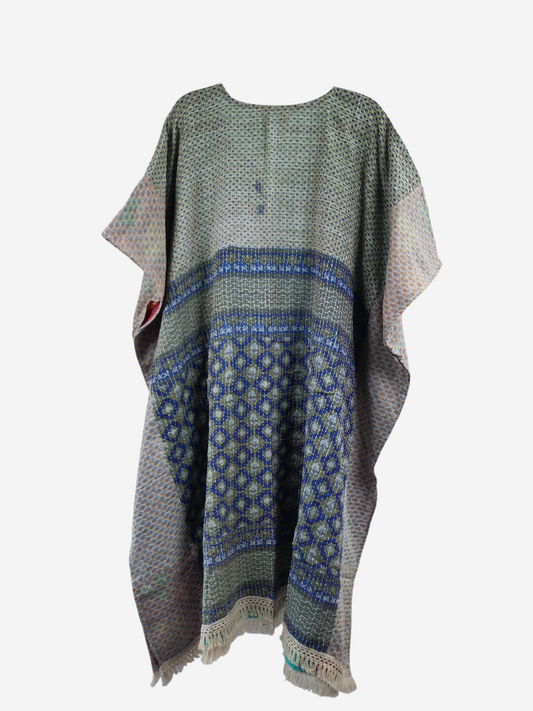 She Lives Beauty reversible kantha kaftan in vintage cotton with blue and green geometric patterns and fringe hem