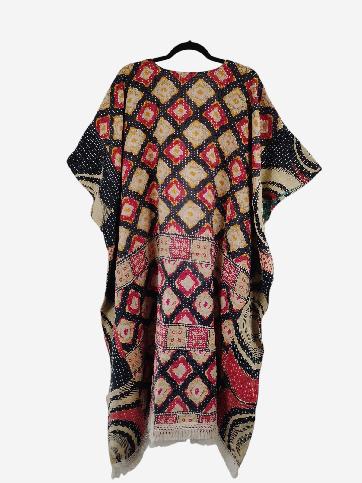 She Lives Beauty reversible kantha kaftan in vintage cotton with a colorful geometric diamond pattern and fringe hem