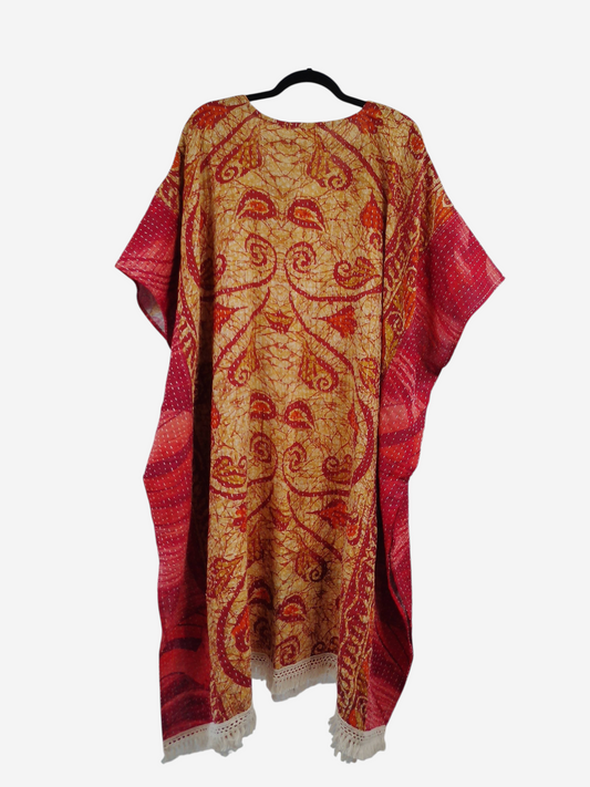 She Lives Beauty reversible kantha kaftan in red and orange vintage cotton with bohemian floral patterns and fringe