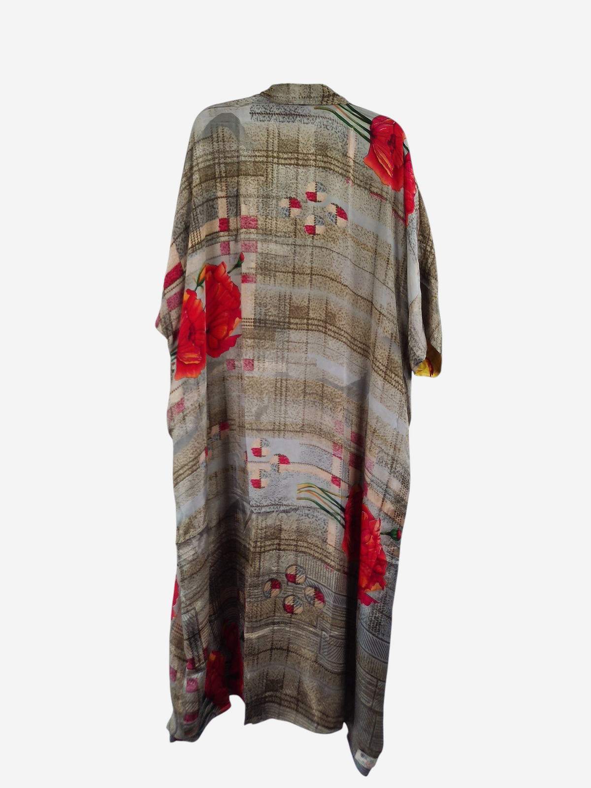 She Lives Beauty reversible kaftan in vintage rasgulla silk with a beige plaid pattern and vibrant red floral print.