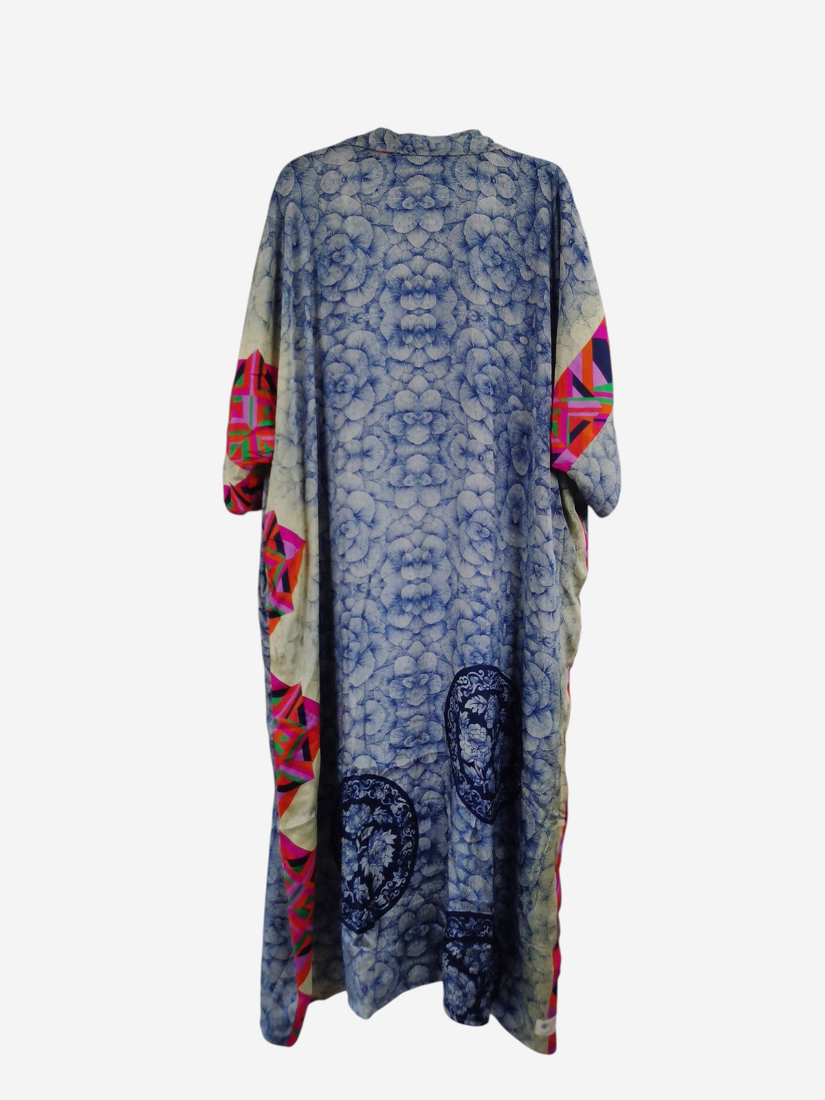 She Lives Beauty reversible kaftan in vintage blue and white rasgulla silk with geometric and floral patterns