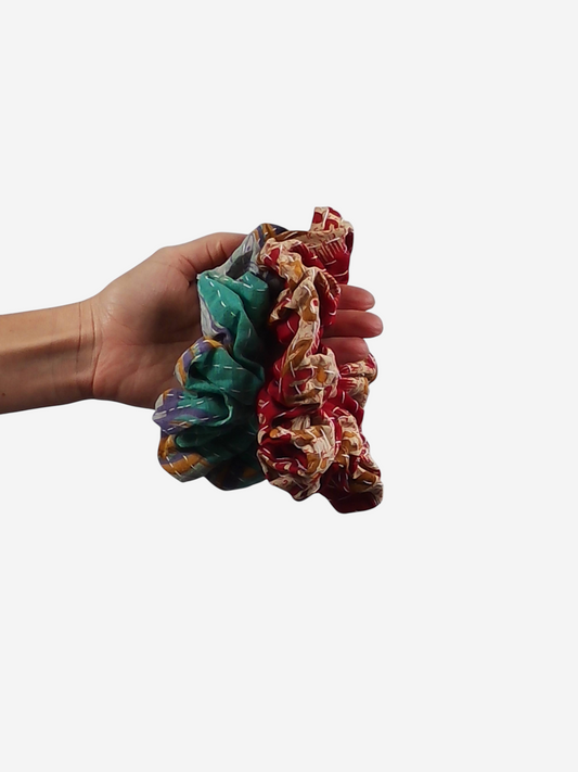 She Lives Beauty large handmade kantha scrunchies made from colorful vintage cotton saris with unique stitching