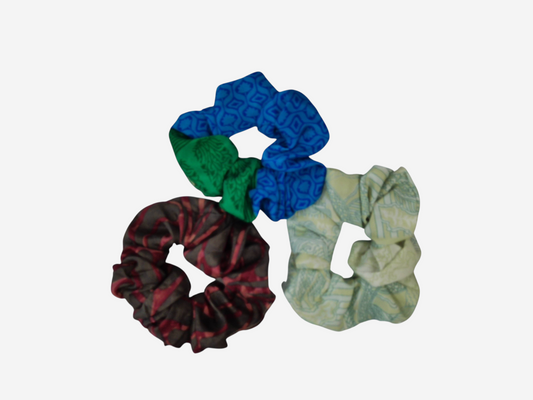 She Lives Beauty handmade large silk scrunchies in assorted vintage rasgulla silk patterns and vibrant colors.