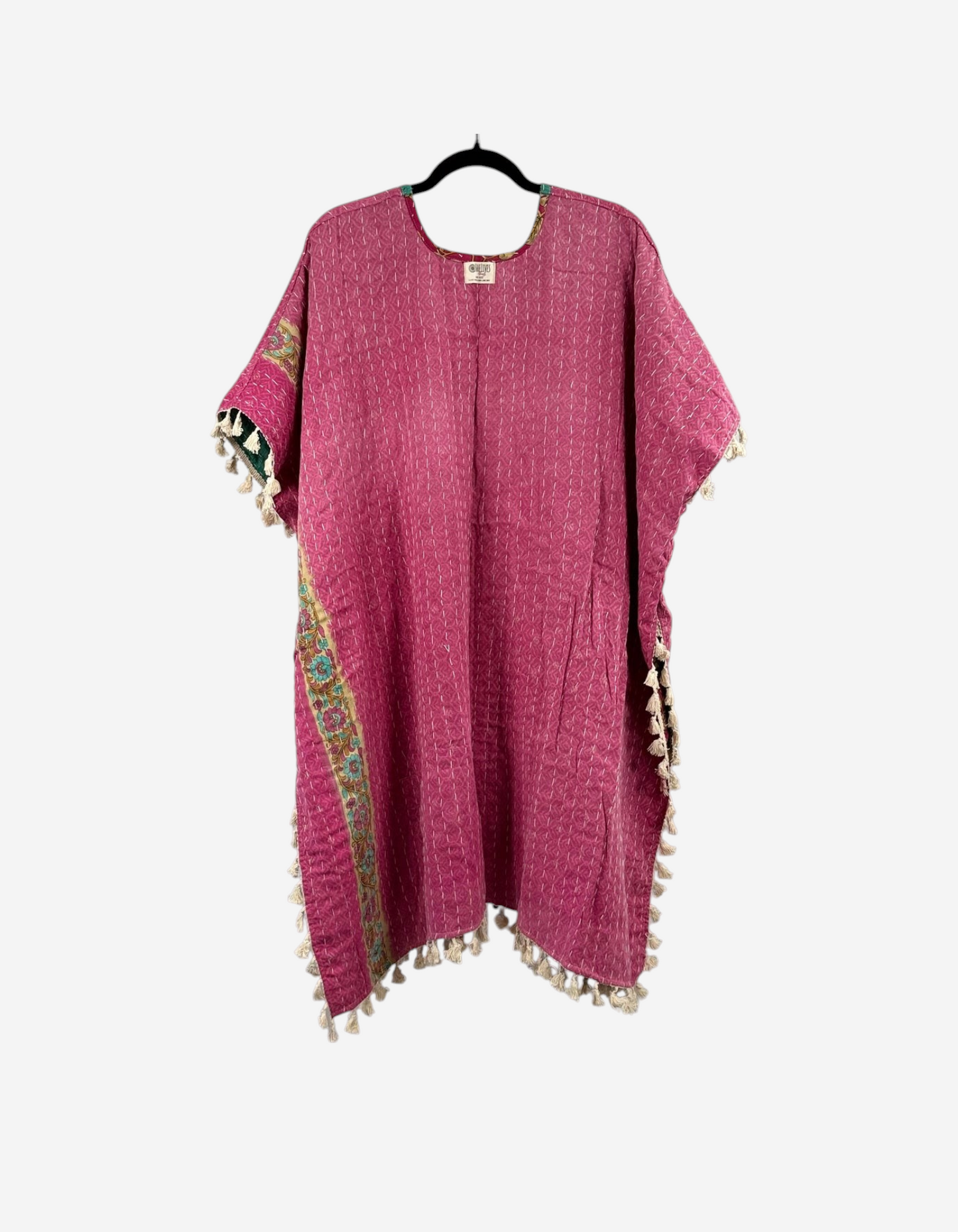 She Lives Beauty pink vintage kantha cotton kimono with short sleeves and decorative fringe trim on a white background