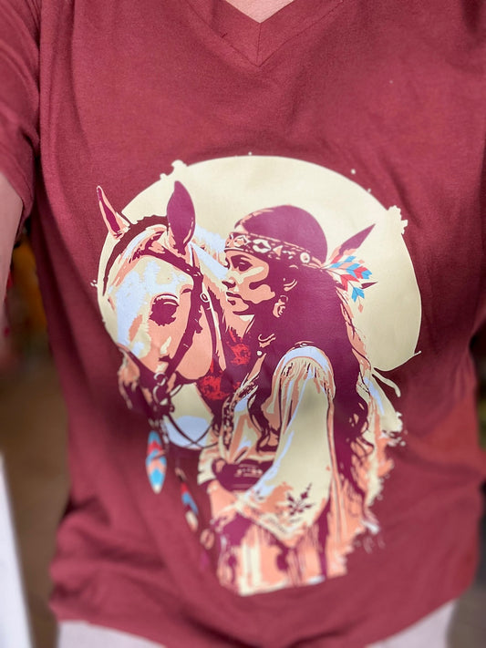 Native Horse Sunset V-Neck Graphic Tee (6 Options)