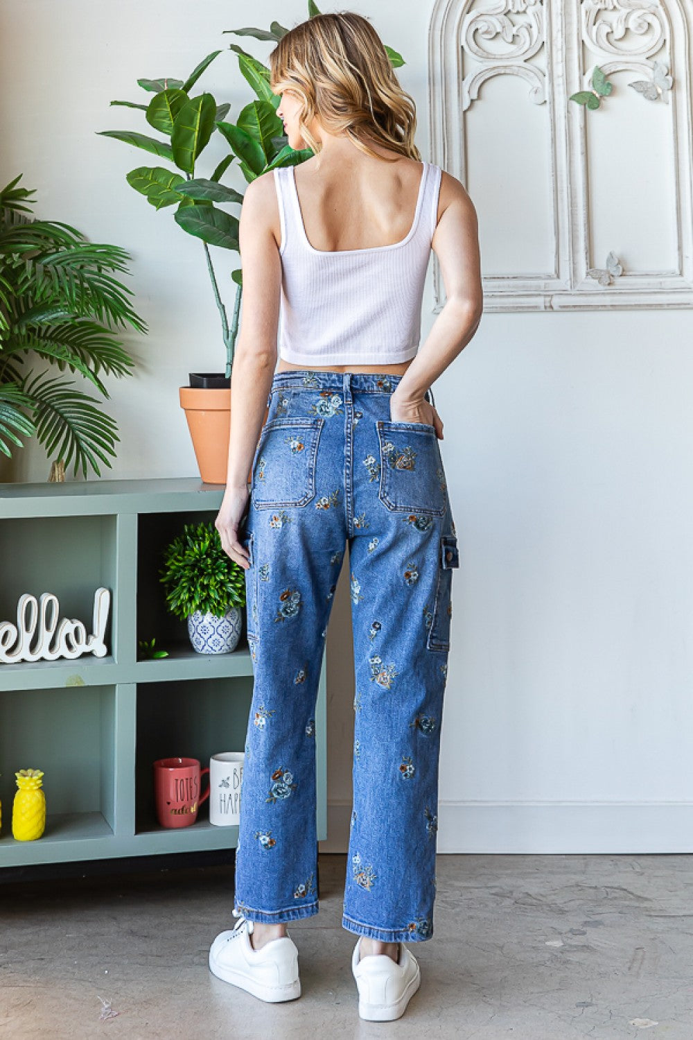 Flower Embroidered Denim Pants