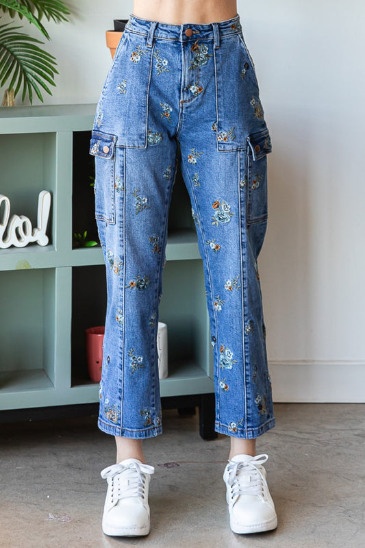 Flower Embroidered Denim Pants