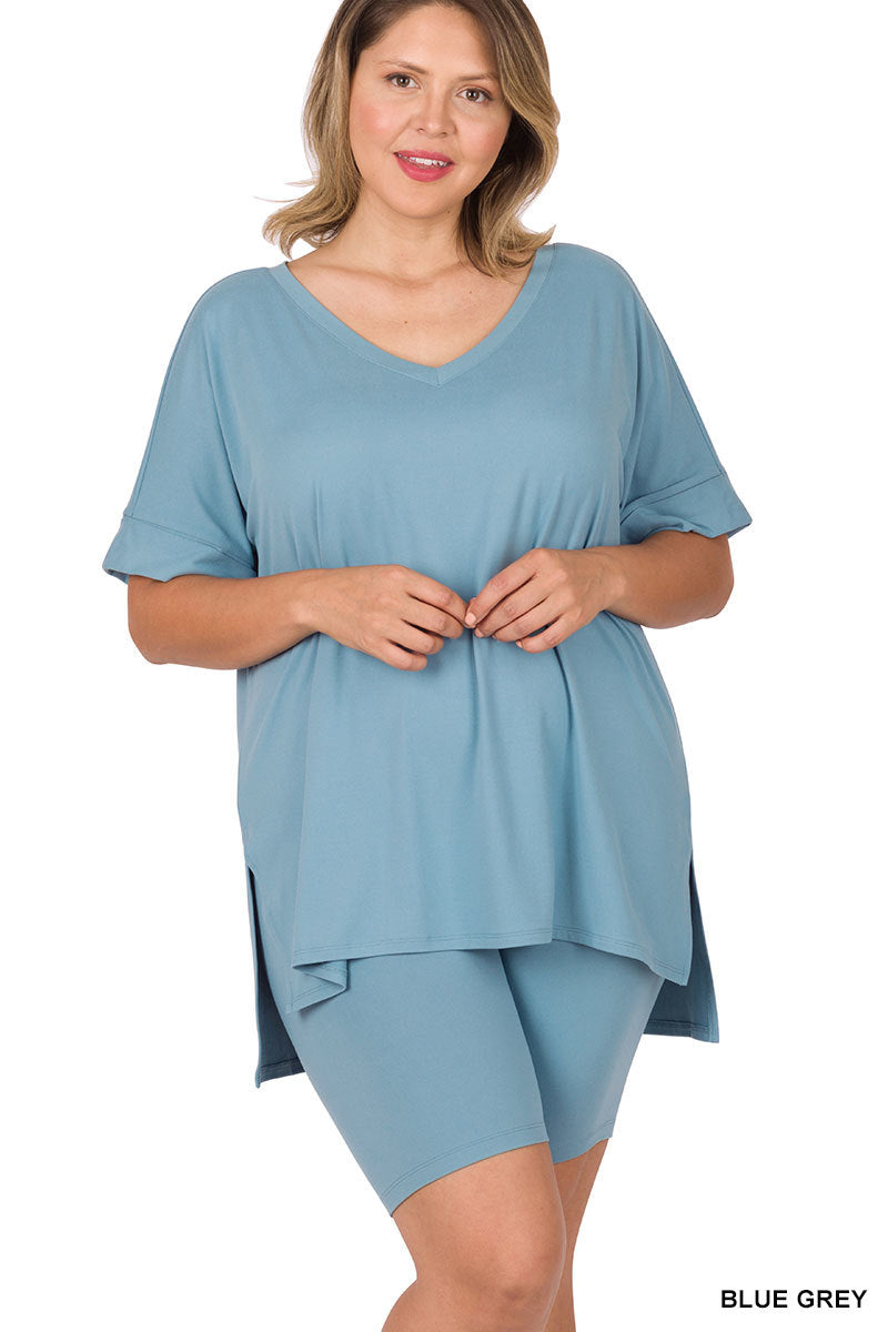 Plus Brushed Microfiber V-Neck Top & Biker Shorts (7 Options)