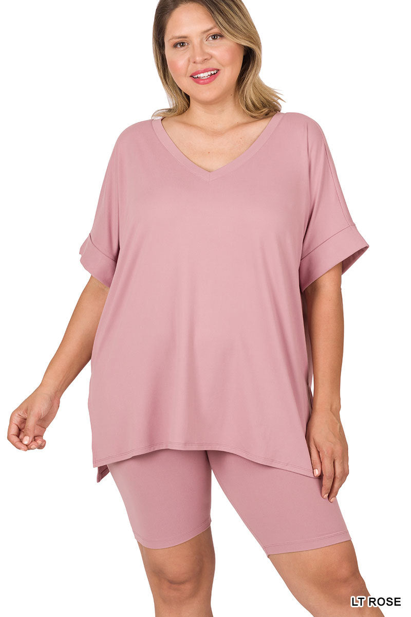 Plus Brushed Microfiber V-Neck Top & Biker Shorts (7 Options)