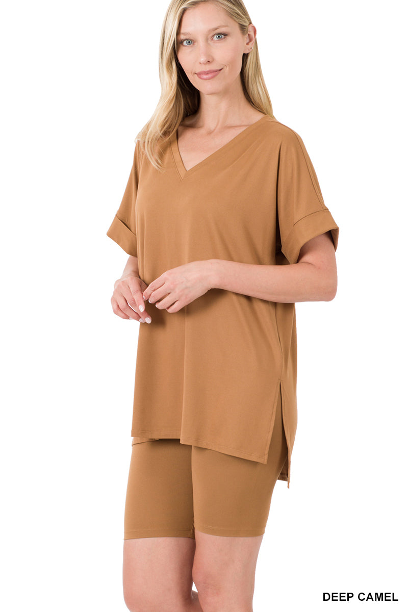 Elegant Comfort V-Neck Microfiber Top & Biker Shorts (12 Options)