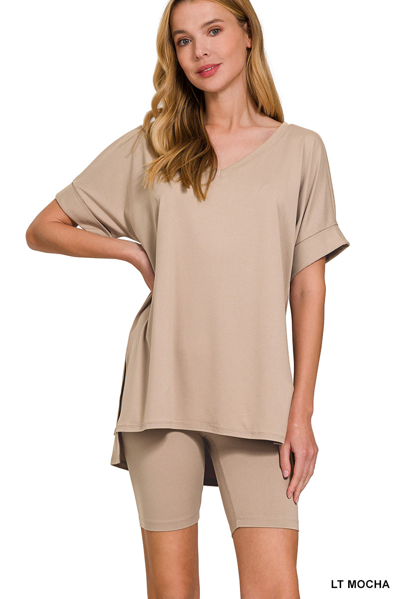 Elegant Comfort V-Neck Microfiber Top & Biker Shorts (12 Options)