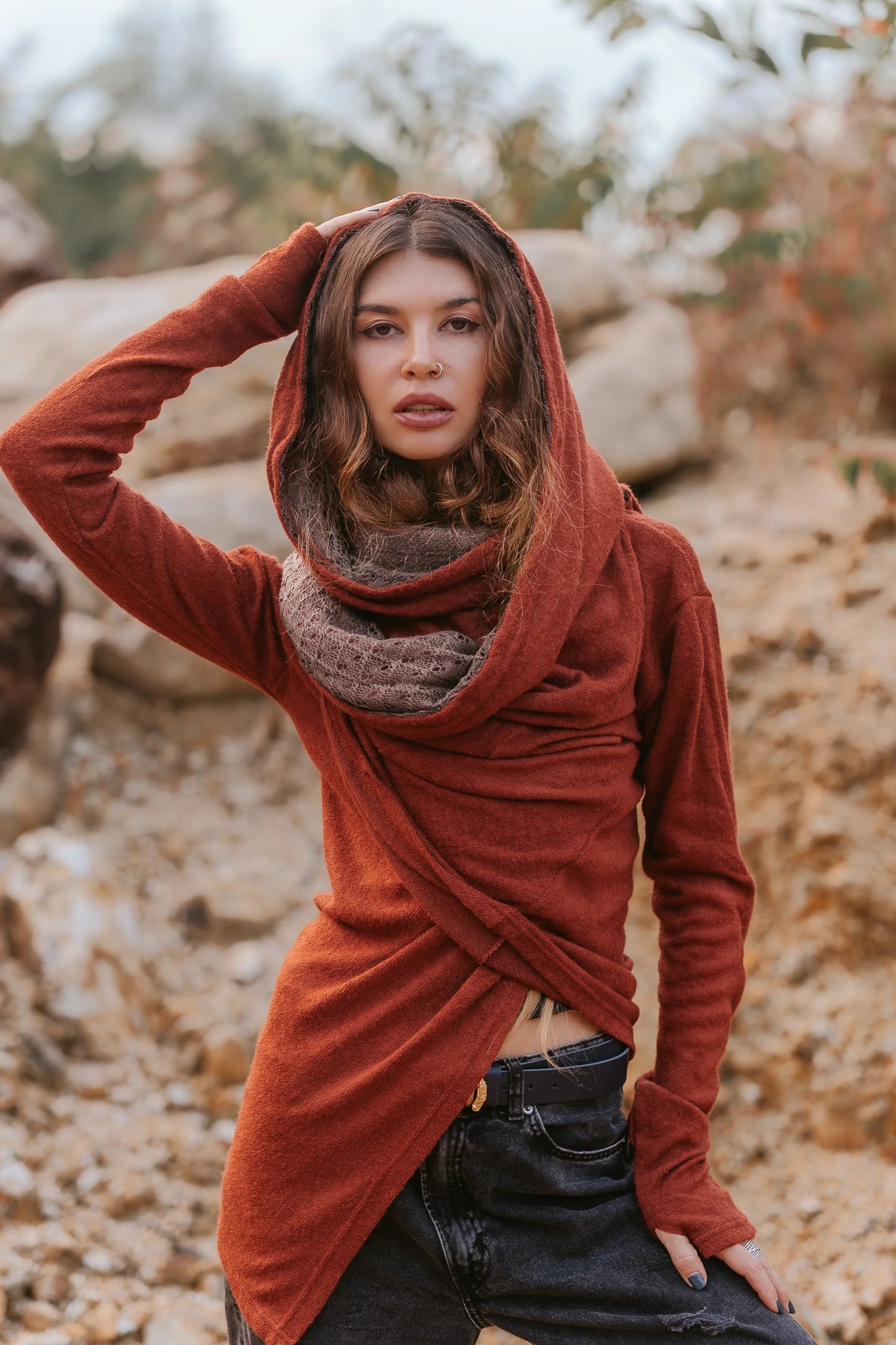 Nyx Hooded Sweater Cardigan Brick