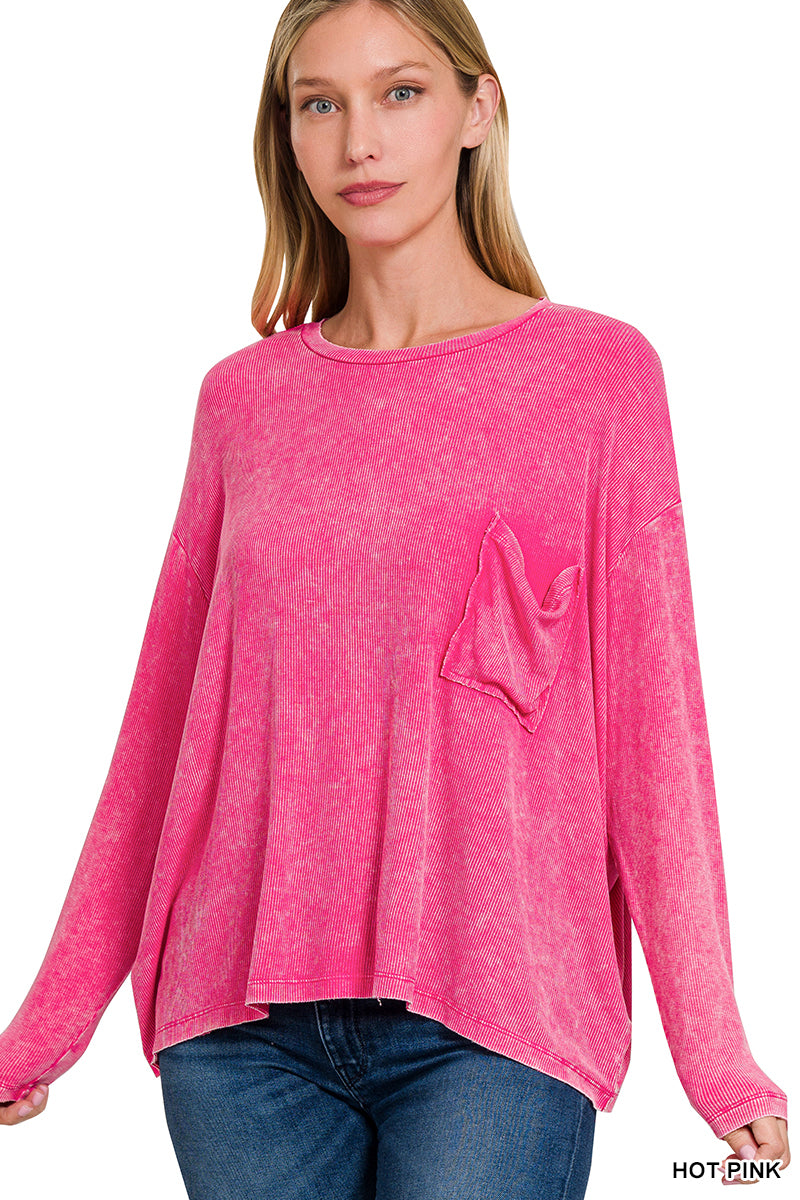 Washed Ribbed Dolman Sleeve Round Neck Top