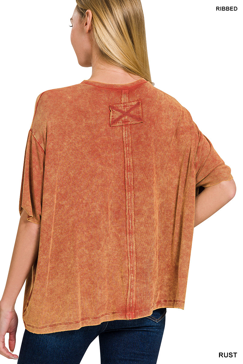 Washed Ribbed Cuffed Short Sleeve Round Neck Top (4 Options)