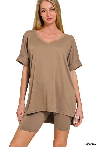 Elegant Comfort V-Neck Microfiber Top & Biker Shorts (12 Options)