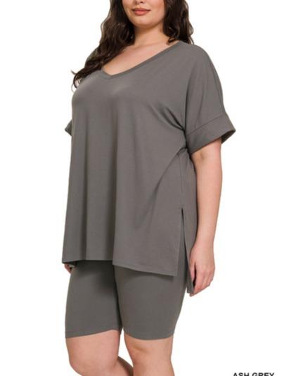Plus Brushed Microfiber V-Neck Top & Biker Shorts (7 Options)