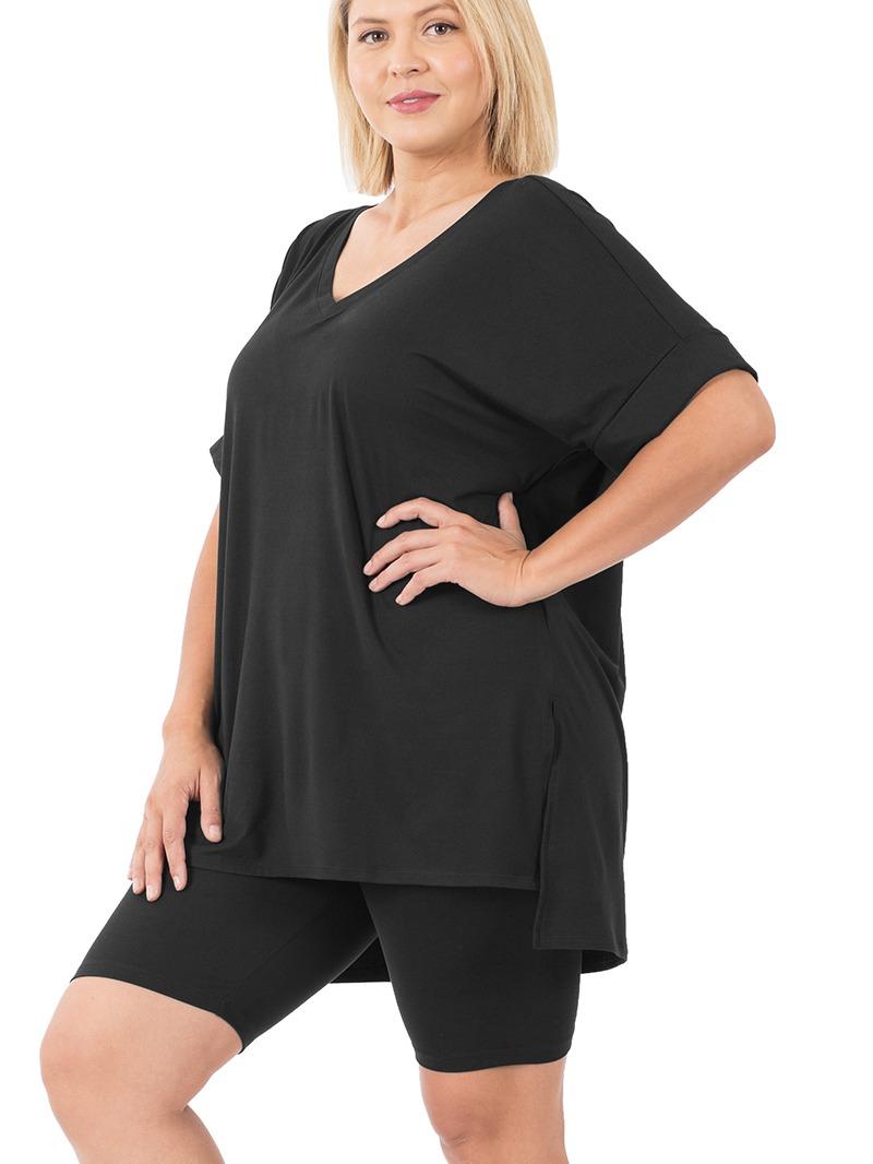 Plus Brushed Microfiber V-Neck Top & Biker Shorts (7 Options)