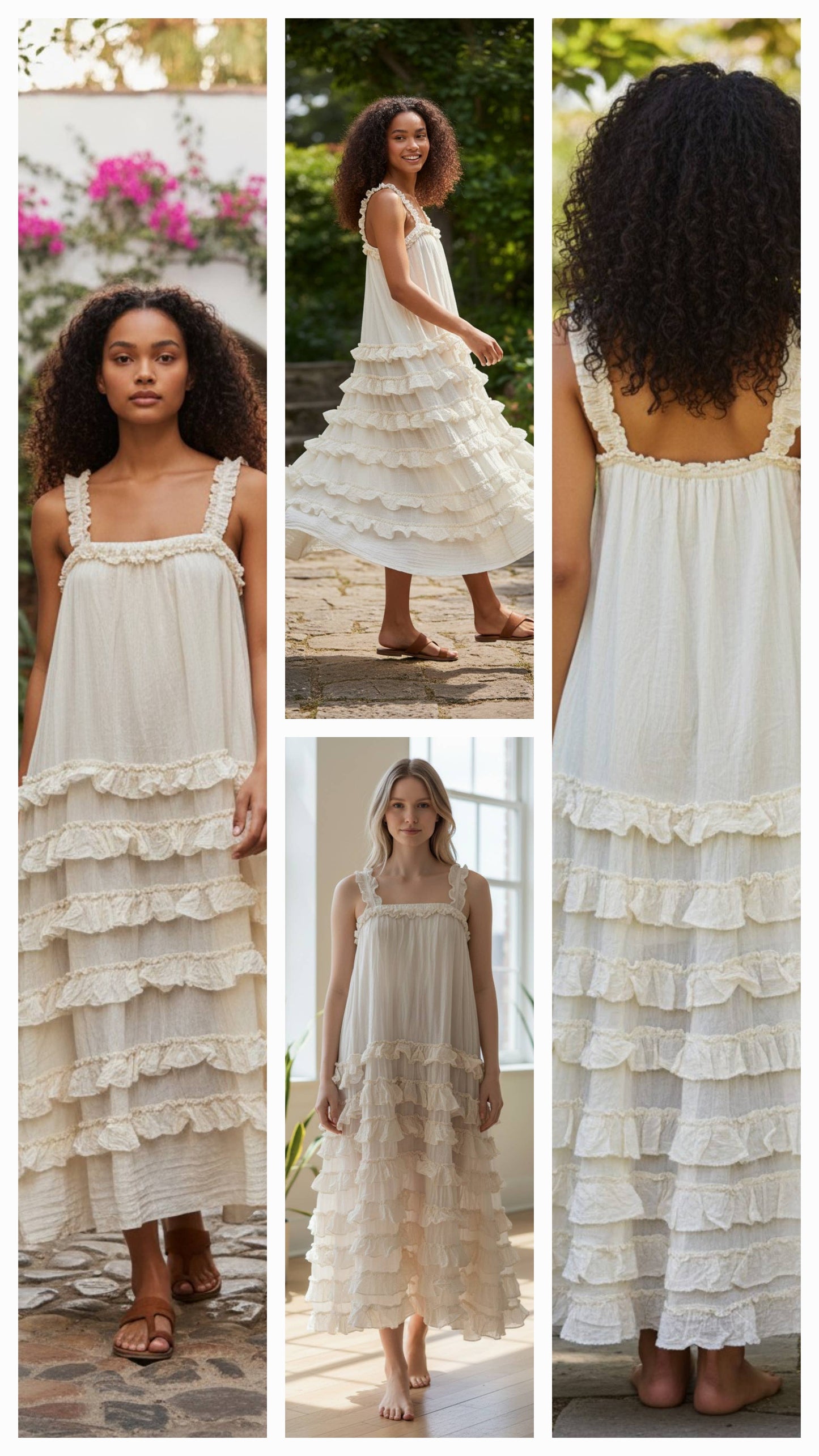 TD2700 Long Dress w. Elastic Ruffle Strap & Ruffled Layers