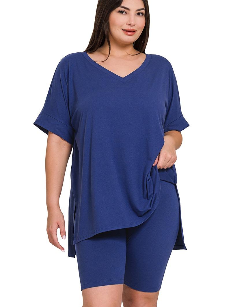 Plus Brushed Microfiber V-Neck Top & Biker Shorts (7 Options)