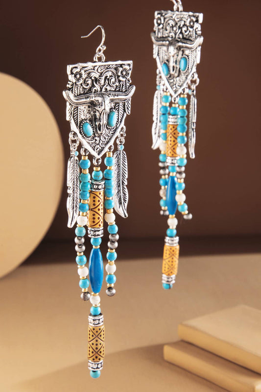 Western multi-Stone Steer Head Fringe Earrings