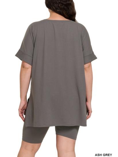 Plus Brushed Microfiber V-Neck Top & Biker Shorts (7 Options)
