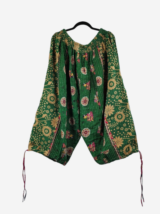 She Lives Beauty green vintage cotton kantha capri joggers with floral patterns and relaxed bohemian cargo style.
