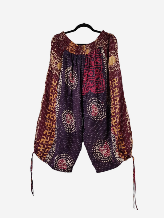 She Lives Beauty vintage cotton kantha capri joggers in deep purple with intricate bohemian patterns and tie cuffs.