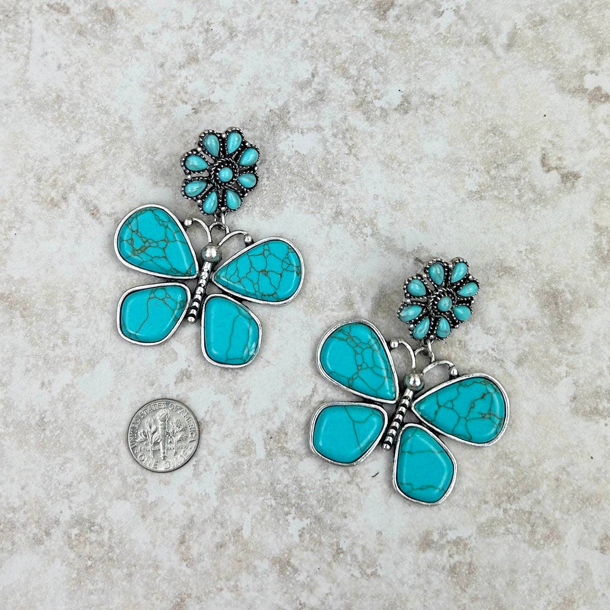ER221015-06-BLUE Silver with blue turquoise stone Butterfly Earrings