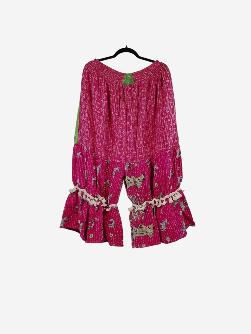 She Lives Beauty Heritage Whisper Kantha bloomers in pink vintage cotton sari fabric with traditional hand stitching.
