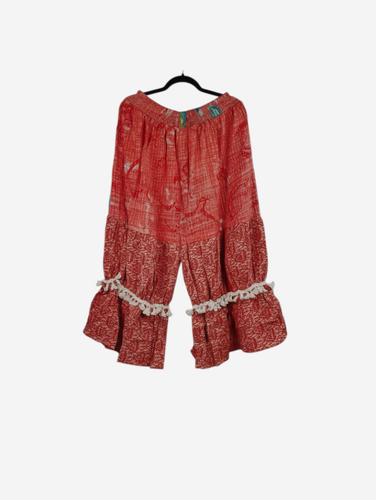She Lives Beauty Heritage Whisper Kantha bloomers in red vintage cotton sari fabric with decorative lace trim.